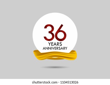 36 years red anniversary vector design inside white circle with golden ribbon for celebration event 