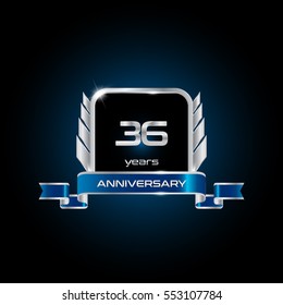 36 years silver anniversary celebration square logo with blue ribbon , isolated on dark background