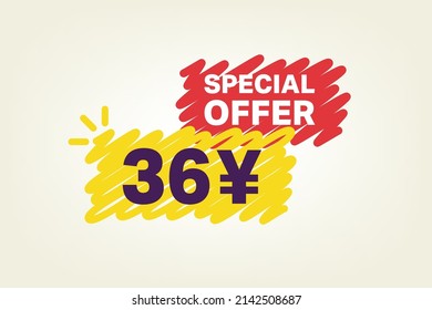 36 Yen OFF Sale Discount banner shape template. Super Sale 36 Yuan Special offer badge end of the season sale coupon bubble icon. Modern concept design. Discount offer price tag vector illustration.