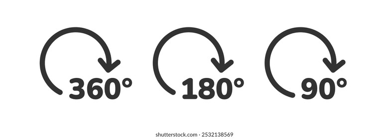 Drehsymbol 360, 180, 90 Grad. Winkelzeichen.