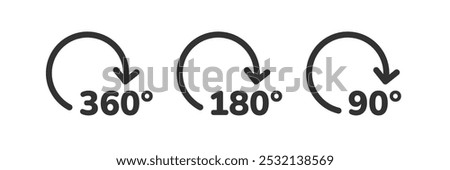 360, 180, 90 degree rotation icon. Angle sign.