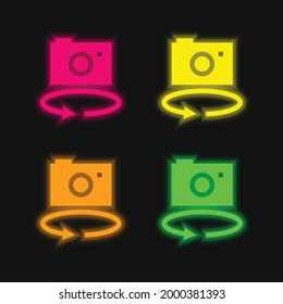 360 Camera four color glowing neon vector icon
