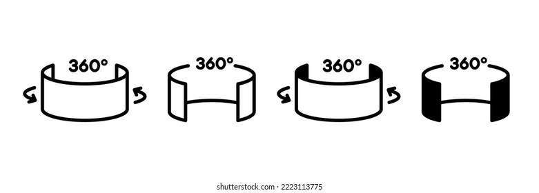 360 degree and 3d panorama vector icon set. Panoramic rotation symbol. Virtual reality outline logo