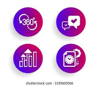 360 degree, Analysis graph and Approve icons simple set. Halftone dots button. Project deadline sign. Virtual reality, Targeting chart, Accepted message. Time management. Technology set. Vector