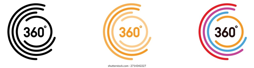 Vector de iconos de vista de área de 360 grados. Experiencias inmersivas y recorridos virtuales. Ilustración vectorial.