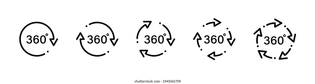 360 degree arrows icon set in flat style. 360 degree view rotation set. 360 degree rotation. Virtual reality. Vertical and horizontal view. Arrow icons. Minimal interface icon, symbol. Vector graphic