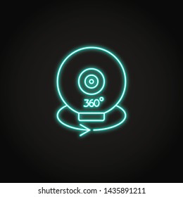 360 degree camera icon in neon style. Modern digital device with panoramic view. Vector illustration.