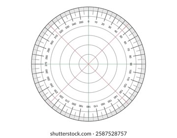 360 degree circular protractor with a precise degree scale and central point for measurements