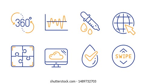 360 degree, Cloud storage and Chemistry pipette line icons set. Puzzle, Stock analysis and Dermatologically tested signs. Internet, Swipe up symbols. Virtual reality, Computer. Science set. Vector