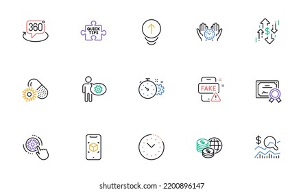 360 degree, Cogwheel and Dollar rate line icons for website, printing. Collection of Swipe up, Quick tips, Check investment icons. Fake news, Coronavirus pills, Certificate web elements. Vector