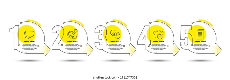 360 degree, Copy files and Speech bubble line icons set. Timeline process infograph. Cooking timer sign. Virtual reality, Copying documents, Chat message. Stopwatch. Technology set. Vector