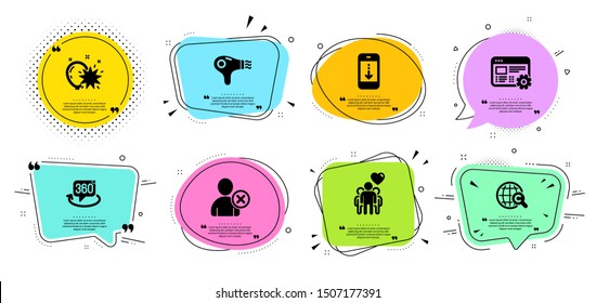 360 degree, Delete user and Hair dryer line icons set. Chat bubbles with quotes. Scroll down, Balloon dart and Friendship signs. International Ð¡opyright, Web settings symbols. Vector