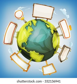 360 degree Earth Planet With Signs Around/
Illustration of a cartoon design 360 degree earth planet globe with road and wood signs elements around