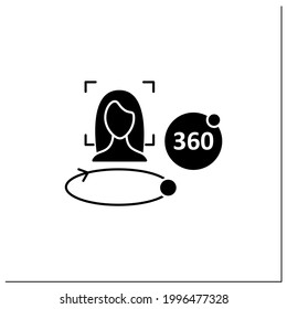 Icono de glifo de exploración de caras de 360 grados. Análisis de cara tridimensional.Detección de caras biométricas.Concepto de detección de identidades. Señal plana rellena. Ilustración vectorial de silueta aislada