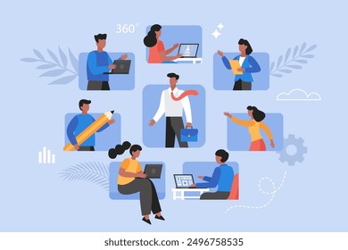 360 degree feedback business concept. Modern vector illustration of people evaluating employee and giving anonymous opinions