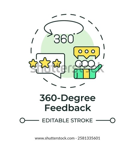 360 degree feedback multi color concept icon. Employee work evaluation. Performance management tool. Round shape line illustration. Abstract idea. Graphic design. Easy to use in presentation