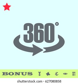 360 degree icon flat. Grey pictogram on blue background. Vector illustration symbol and bonus buttons medal, cow, earth, eye, calculator