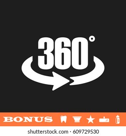 360 degree icon flat. White pictogram on black background. Vector illustration symbol and bonus button tooth, vase, star, mirror, bottle