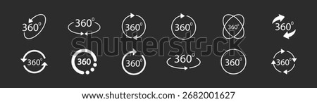 360 degree icon set with arrows, rotation symbols, and panoramic vector illustrations. Virtual tour, camera view, and technology concept.
