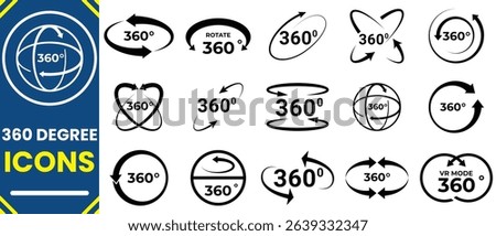 360 degree icon set.  Circle icons set.  Signs with arrows to indicate the rotation or panoramas to 360 degrees. Rotate symbol.Isolated on vector illustration.