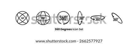 360 degree icon set in modern line style. Perfect for virtual tour symbols, VR, panoramic view, interactive content, 3D rotation interface, and web or app design UI elements