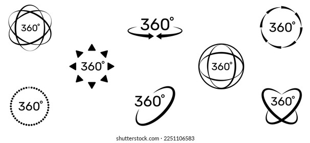 360 degree icon set. Symbol with arrow to indicate the rotation, virtual reality or panoramas to 360 degrees. Vector illustration