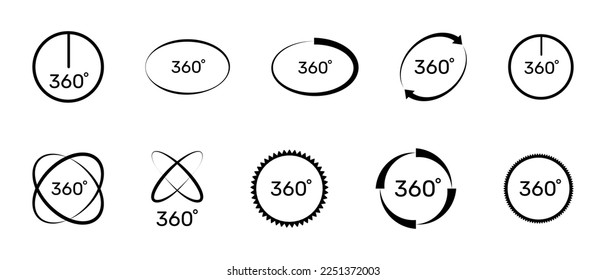 360 degree icon set. Symbol with arrow to indicate the rotation, virtual reality or panoramas to 360 degrees. Vector illustration