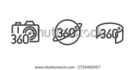360 degree icons set in Bold Line. Pictograms with panoramic diagram, sphere and photocamers