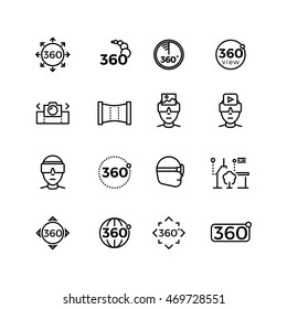 360 degree image, panorama, virtual reality thin line icons. Device for simulation gaming, vector illustration