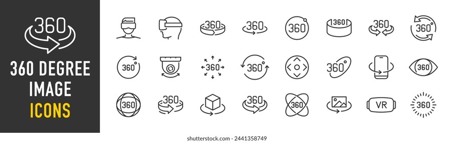 360 Degree image view web icons in line style. Virtual reality, vr glasses, panorama, round, collection. Vector illustration.