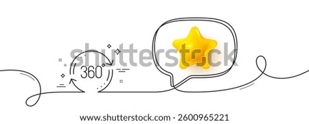 360 degree line icon. Continuous line with 3d star. Full rotation sign. VR technology simulation symbol. 3d star in speech bubble. Full rotation single line ribbon. Loop curve pattern. Vector