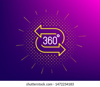 360 degree line icon. Halftone pattern. VR technology simulation sign. Panoramic view symbol. Gradient background. 360 degree line icon. Yellow halftone pattern. Vector