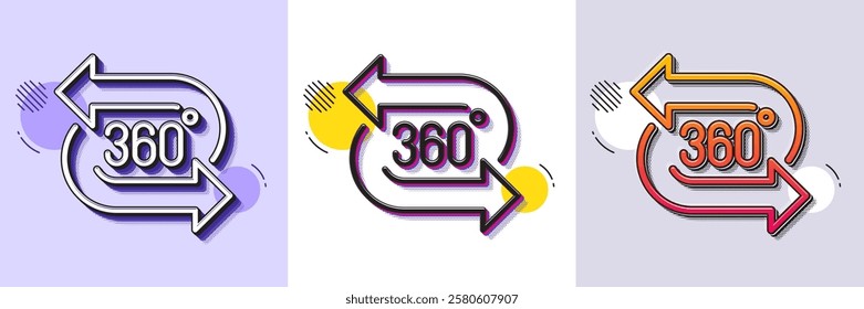 360 degree line icon. Halftone dotted pattern. Gradient icon with grain shadow. VR technology simulation sign. Panoramic view symbol. Line 360 degree icon. Various designs. Vector