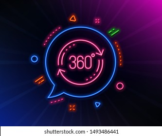 360 degree line icon. Neon laser lights. Full rotation sign. VR technology simulation symbol. Glow laser speech bubble. Neon lights chat bubble. Banner badge with full rotation icon. Vector