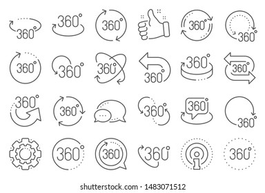 360 degree line icons. Rotate arrow, VR panoramic simulation and augmented reality. 360 degree virtual gaming, abstract geometry, full rotation view icons. Vr tour, game reality. Vector