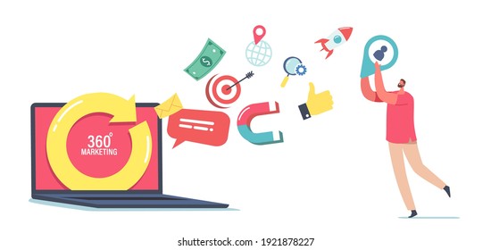 360 Degree Marketing Concept. Tiny Male Character at Huge Laptop with Turning Arrow and Media Icons Flying Out of Screen. Internet Management, Electronics Commerce Trade. Cartoon Vector Illustration