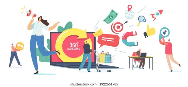 360 Degree Marketing Concept. Tiny Male and Female Characters at Huge Laptop with Turning Arrow. Manager Attract Clients use Advertising Yell to Megaphone, People Shopping. Cartoon Vector Illustration