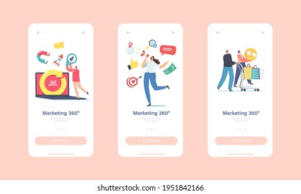 360 Degree Marketing Mobile App Page Onboard Screen Template. Tiny Characters at Huge Laptop with Turning Arrow. Manager Attract Clients use Advertising Concept. Cartoon People Vector Illustration