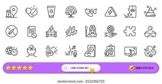 360 degree, Medical pills and Car charging line icons for web app. Pack of Mental health, Microphone, Fitness pictogram icons. Fingerprint, Wrong file, Consumption growth signs. Search bar. Vector
