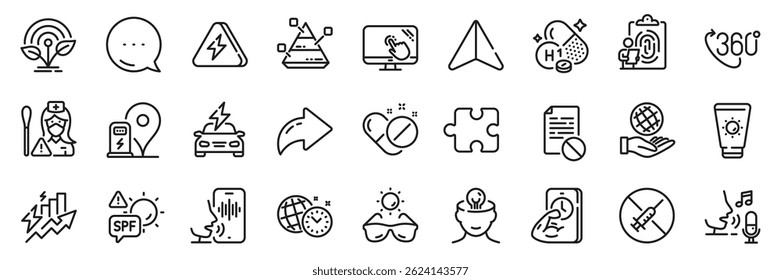 360 degree, Medical pills and Car charging line icons pack. Share, Message, Paper plane icons. Mental health, Microphone, Fitness web icon. Vector