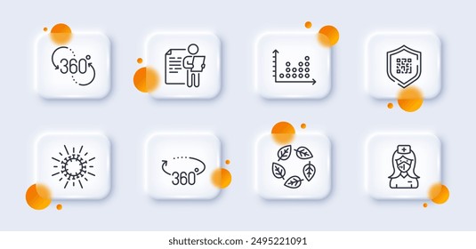 360 degree, Organic tested and Qr code line icons pack. 3d glass buttons with blurred circles. Job interview, Coronavirus, Dot plot web icon. 360 degrees, Nurse pictogram. Vector