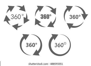 360 degree overview arrow icon set. Circular panorama photography icons. Used for virtual visit of popular place.