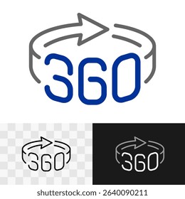 360 degree panorama view icon. Arrow rotation in 3d isometric with digit symbols