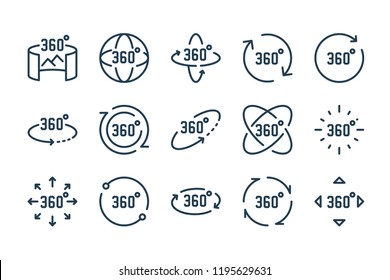 360 degree and panoramic rotation line icon set. Virtual reality vector outline icons.