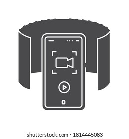 360 degree panoramic video camera in smartphone black glyph icon. Innovative technology. Pictogram for web page, mobile app, promo. UI UX GUI design element.