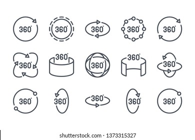 360 degree related line icon set. 360 view linear icons. Panorama view outline vector sign collection.