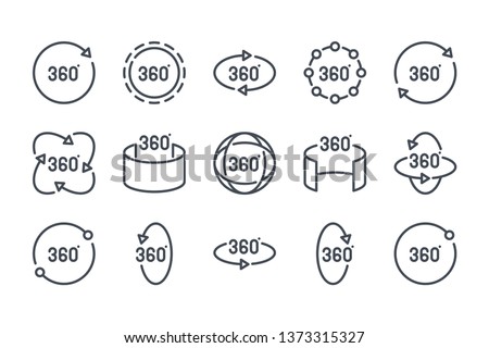 360 degree related line icon set. 360 view linear icons. Panorama view outline vector sign collection.