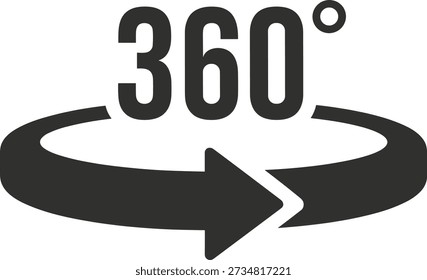 360 degree rotation arrow icon, circular loop symbol, full circle motion graphic, panoramic view illustration, vector design for perspective