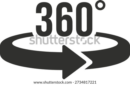 360 degree rotation arrow icon, circular loop symbol, full circle motion graphic, panoramic view illustration, vector design for perspective