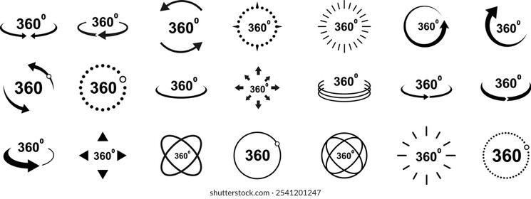 Conjunto de iconos de rotación de 360 grados con flechas: realidad virtual, panorámica y visualización circular completa para aplicaciones de Tecnología, juegos, realidad virtual, cámara y 3D: iconos, símbolos y diseño completos de vista circular